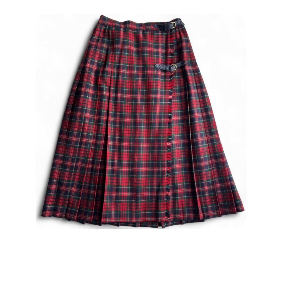VTG 100% Wool Tartan Kilt Wrap Skirt Leather Buckles Pleated Union Made USA SZ 8